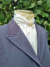 Load image into Gallery viewer, ERA ELLE Pre-tied Stock Tie - White satin Soft Ties with gold piping, gold spot Centre and gold brooch