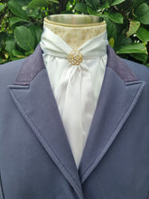 Load image into Gallery viewer, ERA ELLE Pre-tied Stock Tie - White satin Soft Ties with gold piping, gold spot Centre and gold brooch