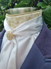 Load image into Gallery viewer, ERA ELLE Pre-tied Stock Tie - White satin Soft Ties with gold piping, gold spot Centre and gold brooch
