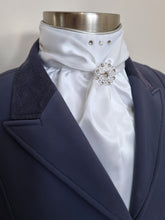 Load image into Gallery viewer, ERA ELLE STOCK TIE - White satin Soft Ties with silver metallic piping, silver crystals and crystal brooch
