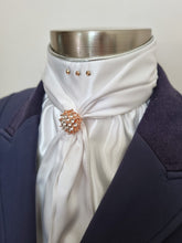 Load image into Gallery viewer, ERA ELLE STOCK TIE - White satin Soft Ties with silver metallic piping, rose gold crystals and rose gold crystal brooch