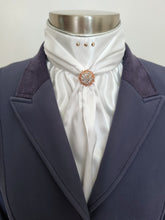 Load image into Gallery viewer, ERA ELLE STOCK TIE - White satin Soft Ties with silver metallic piping, rose gold crystals and rose gold crystal brooch