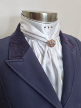 Load image into Gallery viewer, ERA ELLE STOCK TIE - White satin Soft Ties with silver metallic piping, rose gold crystals and rose gold crystal brooch