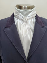 Load image into Gallery viewer, ERA Elle Stock Tie - Soft Ties with silver piping, silver spot brocade & brooch