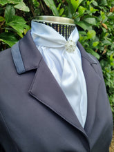 Load image into Gallery viewer, ERA ELLE Pre-tied Stock Tie - White satin with black silver spots, silver metallic piping, gold spot Centre and silver brooch