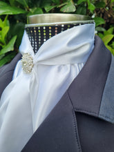 Load image into Gallery viewer, ERA ELLE Pre-tied Stock Tie - White satin with black silver spots, silver metallic piping, gold spot Centre and silver brooch