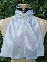 Load image into Gallery viewer, ERA ELLE Pre-tied Stock Tie - White satin with black silver spots, silver metallic piping, gold spot Centre and silver brooch