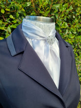 Load image into Gallery viewer, ERA Elle Stock Tie - Soft Ties with white lace and silver thread, silver piping and Brooch