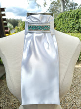Load image into Gallery viewer, ERA Euro Lyndal Regal Stock Tie - White Satin with silver piping and Mint green crystal trim