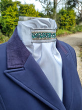 Load image into Gallery viewer, ERA Euro Lyndal Regal Stock Tie - White Satin with silver piping and Mint green crystal trim