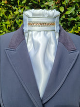 Load image into Gallery viewer, ERA Euro Lyndal Regal Stock Tie - White Satin with silver metallic piping and rose gold crystal trim