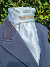 Load image into Gallery viewer, ERA Euro Lyndal Regal Stock Tie - White Satin with silver metallic piping and rose gold crystal trim