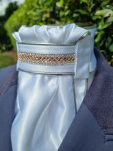 Load image into Gallery viewer, ERA Euro Lyndal Regal Stock Tie - White Satin with silver metallic piping and rose gold crystal trim