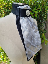Load image into Gallery viewer, ERA Euro Lyndal Stock Tie - Black satin and silver embroidered satin with brooch