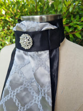 Load image into Gallery viewer, ERA Euro Lyndal Stock Tie - Black satin and silver embroidered satin with brooch