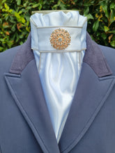 Load image into Gallery viewer, ERA Euro Lyndal Stock Tie - White satin with silver satin piping and rose gold brooch