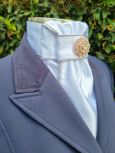 Load image into Gallery viewer, ERA Euro Lyndal Stock Tie - White satin with silver satin piping and rose gold brooch
