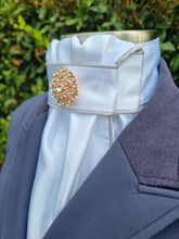 Load image into Gallery viewer, ERA Euro Lyndal Stock Tie - White satin with silver satin piping and rose gold brooch