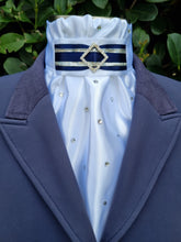 Load image into Gallery viewer, ERA EURO REGAL STOCK TIE - White satin, Navy & silver trim, Diamond embellishment & scattered crystals