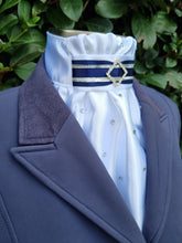 Load image into Gallery viewer, ERA EURO REGAL STOCK TIE - White satin, Navy & silver trim, Diamond embellishment & scattered crystals