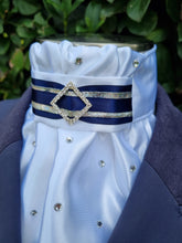 Load image into Gallery viewer, ERA EURO REGAL STOCK TIE - White satin, Navy & silver trim, Diamond embellishment & scattered crystals
