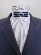 Load image into Gallery viewer, ERA EURO AMORE' STOCK TIE – White satin, Navy & silver trim with silver crystal diamond and scattered crystals