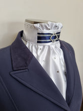 Load image into Gallery viewer, ERA EURO AMORE' STOCK TIE – White satin, Navy & silver trim with silver crystal diamond and scattered crystals