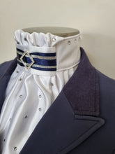 Load image into Gallery viewer, ERA EURO AMORE' STOCK TIE – White satin, Navy & silver trim with silver crystal diamond and scattered crystals