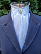 Load image into Gallery viewer, ERA EURO BELLE STOCK TIE - White lustre satin with lace frill and brooch