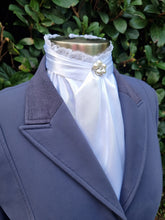 Load image into Gallery viewer, ERA EURO BELLE STOCK TIE - White lustre satin with lace frill and brooch