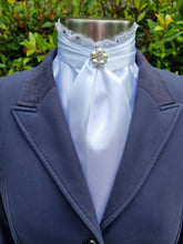 Load image into Gallery viewer, ERA EURO BELLE Stock Tie - White lustre satin with lace frill, pearls & crystals and brooch