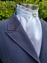 Load image into Gallery viewer, ERA EURO BELLE Stock Tie - White lustre satin with lace frill, pearls & crystals and brooch