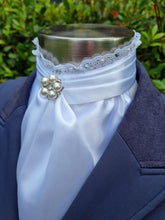 Load image into Gallery viewer, ERA EURO BELLE Stock Tie - White lustre satin with lace frill, pearls & crystals and brooch