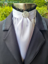 Load image into Gallery viewer, EURO BELLE STOCK TIE - White lustre satin with black lace trim & silver brooch