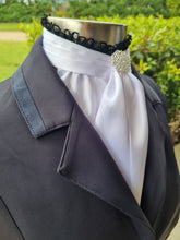Load image into Gallery viewer, EURO BELLE STOCK TIE - White lustre satin with black lace trim & silver brooch