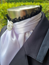 Load image into Gallery viewer, EURO BELLE STOCK TIE - White lustre satin with black lace trim & silver brooch