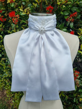 Load image into Gallery viewer, ERA ELLE Pre-tied Stock Tie - White satin Soft Ties with Embroidered Lace Centre and silver brooch