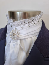 Load image into Gallery viewer, ERA EURO BELLE with Crystals Stock Tie - White lustre satin with lace frill, crystals on neck and brooch