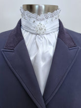 Load image into Gallery viewer, ERA EURO BELLE with Crystals Stock Tie - White lustre satin with lace frill, crystals on neck and brooch