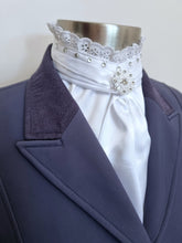 Load image into Gallery viewer, ERA EURO BELLE with Crystals Stock Tie - White lustre satin with lace frill, crystals on neck and brooch