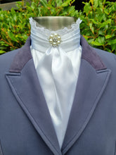 Load image into Gallery viewer, ERA EURO BELLE STOCK TIE - White lustre satin with lace frill and brooch