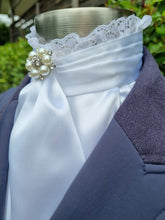 Load image into Gallery viewer, ERA EURO BELLE STOCK TIE - White lustre satin with lace frill and brooch