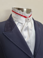 Load image into Gallery viewer, EURO BELLE STOCK TIE - White lustre satin with Red ribbon & lace trim and brooch