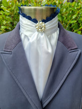 Load image into Gallery viewer, EURO BELLE STOCK TIE - White lustre satin with navy lace trim & pearl brooch