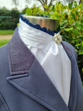 Load image into Gallery viewer, EURO BELLE STOCK TIE - White lustre satin with navy lace trim & pearl brooch