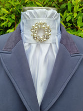 Load image into Gallery viewer, ERA Euro Charize - Pre-tied Stock Tie - White Satin with or without Crystals - pearl & crystal brooch