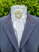 Load image into Gallery viewer, ERA Euro Charize - Pre-tied Stock Tie - White Satin with or without Crystals - pearl & crystal brooch