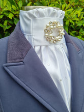 Load image into Gallery viewer, ERA Euro Charize - Pre-tied Stock Tie - White Satin with or without Crystals - pearl & crystal brooch
