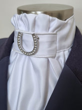 Load image into Gallery viewer, ERA EURO CHARIZE STOCKTIE - White satin with white piping & horse shoe brooch