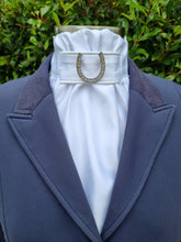 Load image into Gallery viewer, ERA EURO CHARIZE STOCKTIE - White satin with white piping & horse shoe brooch